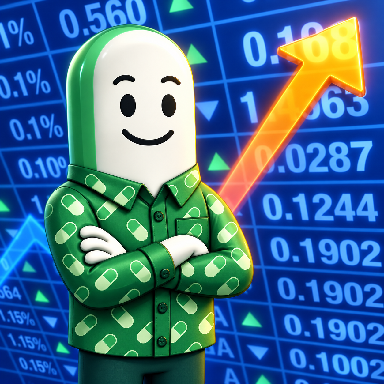 PONKS capsule mascot wearing a green capsule-patterned shirt